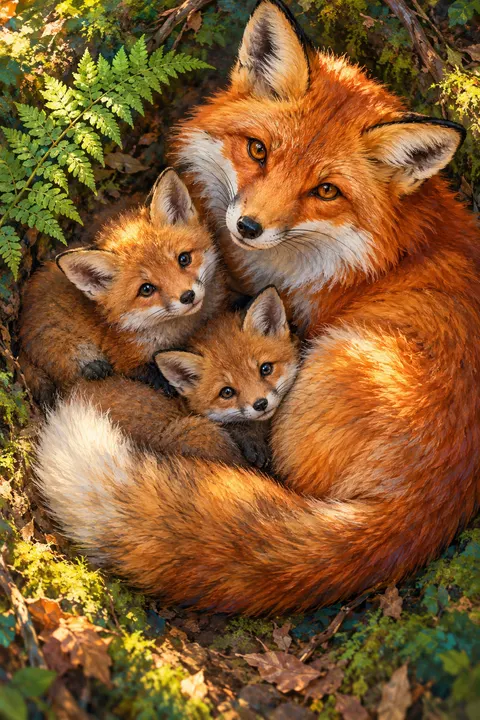 A mother fox curled around her kits