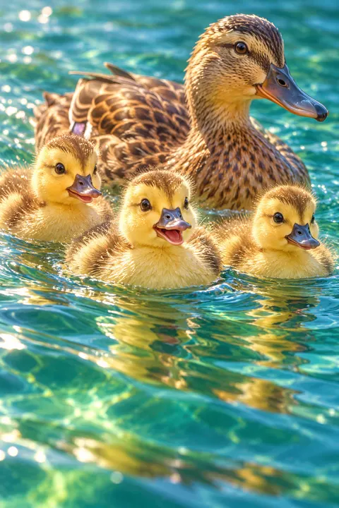A mother duck leading her ducklings across clear water