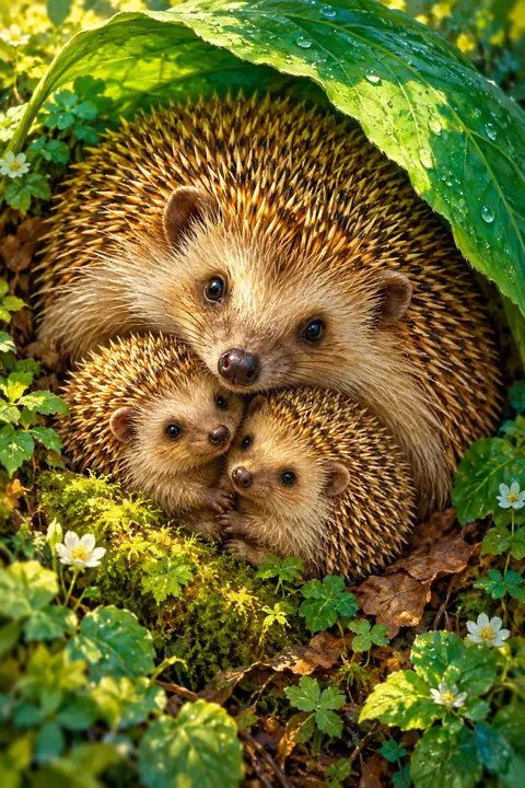 A hedgehog family huddled under a leaf