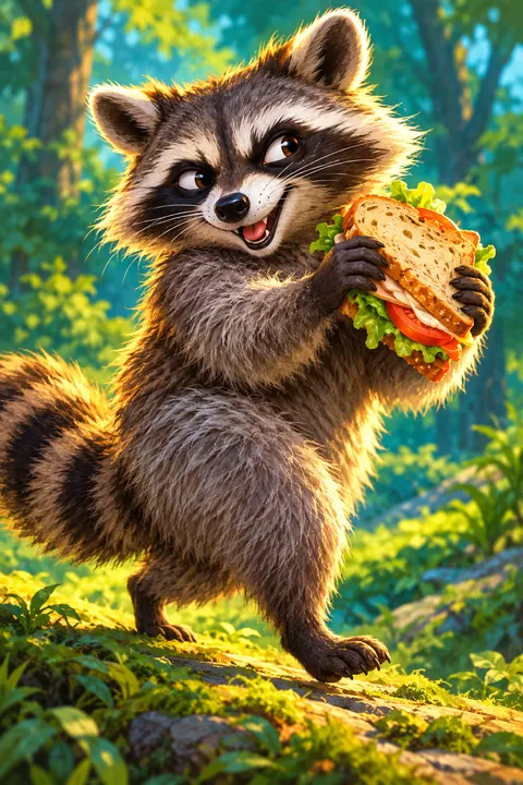 A grinning raccoon making off with a trail sandwich
