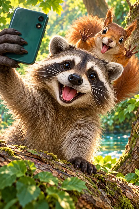 A raccoon taking a selfie with a squirrel photobombing