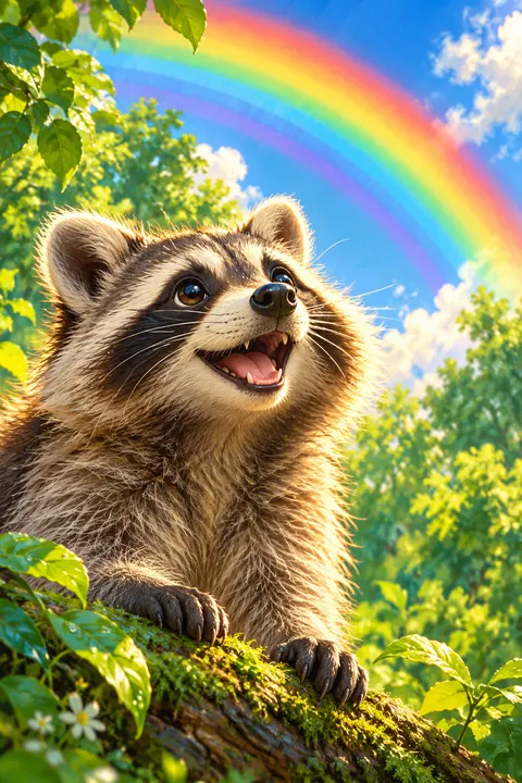 A delighted raccoon under a bright rainbow