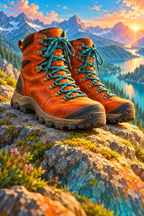 Well-worn leather hiking boots on a sunlit granite ledge