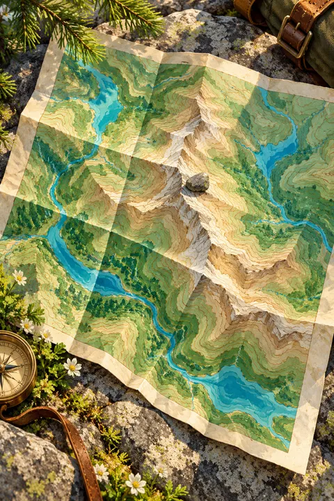 A folded topographic trail map spread out on the ground