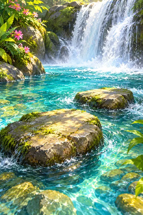 A waterfall pouring into a turquoise pool