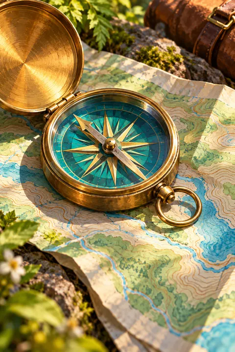A brass compass resting on a trail map