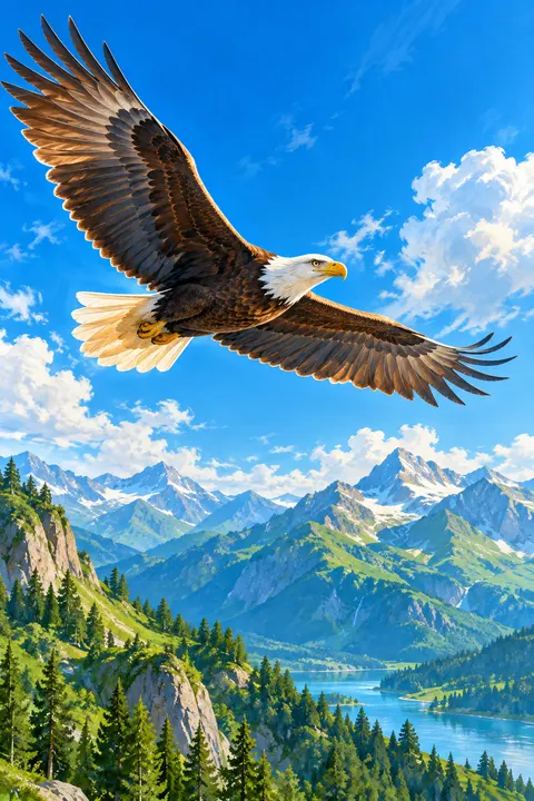 A bald eagle soaring under a clear blue sky